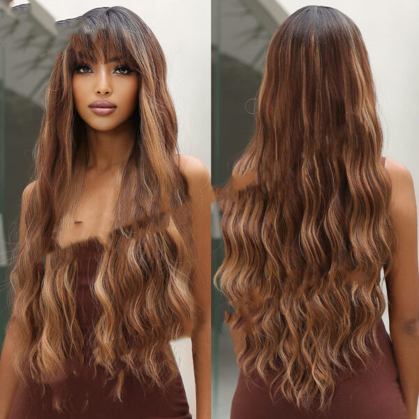 Dark Brown Dyed Light Brown Bangs Long Curly Hair Wigs Mechanism Headgear - Image 5